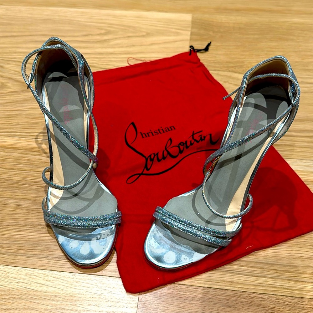 Christian Louboutin Silver Glitter Strappy Heels